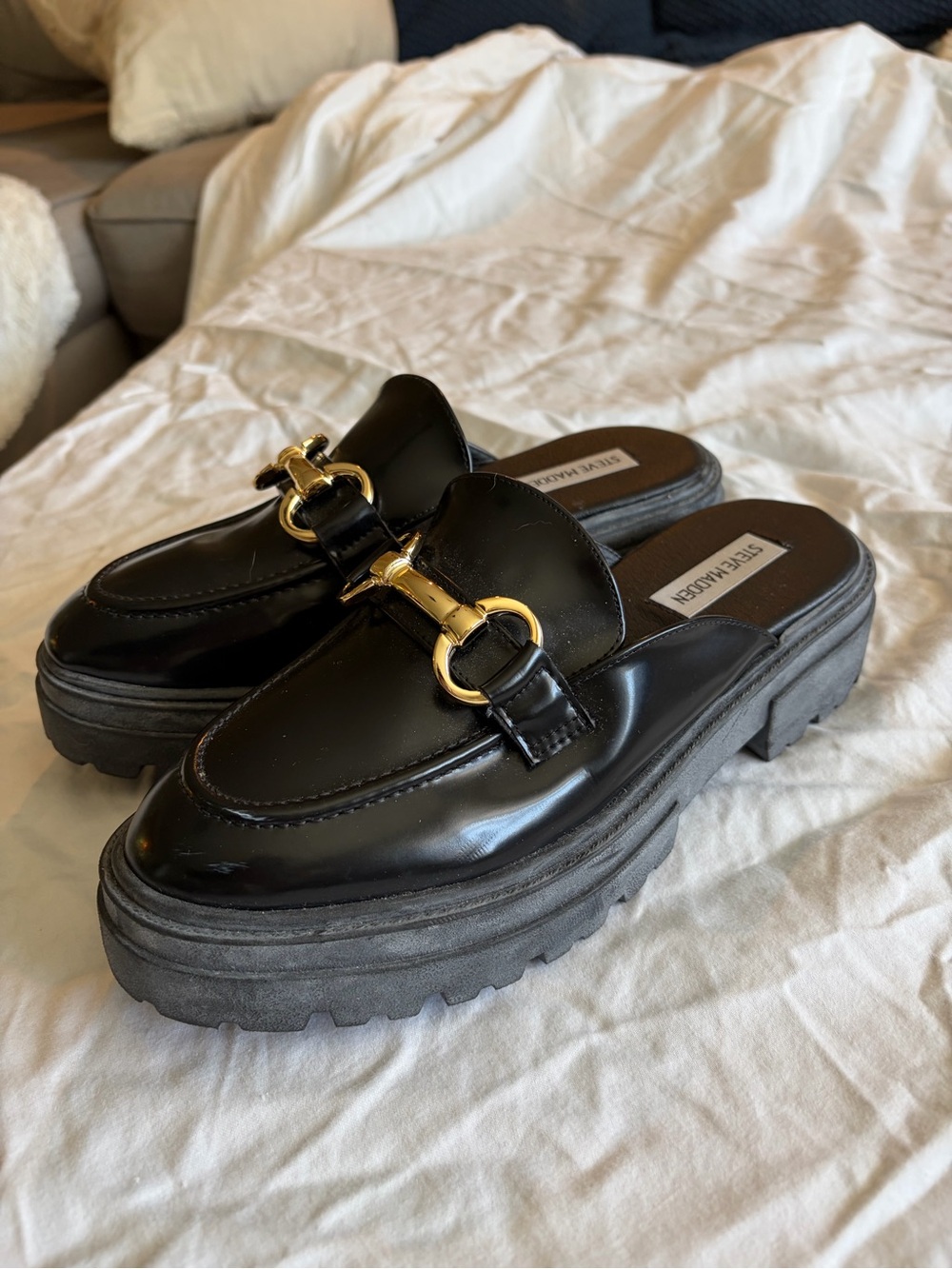 Steve Madden Black Patent Leather Platform Mule Loafers with Gold Hardware